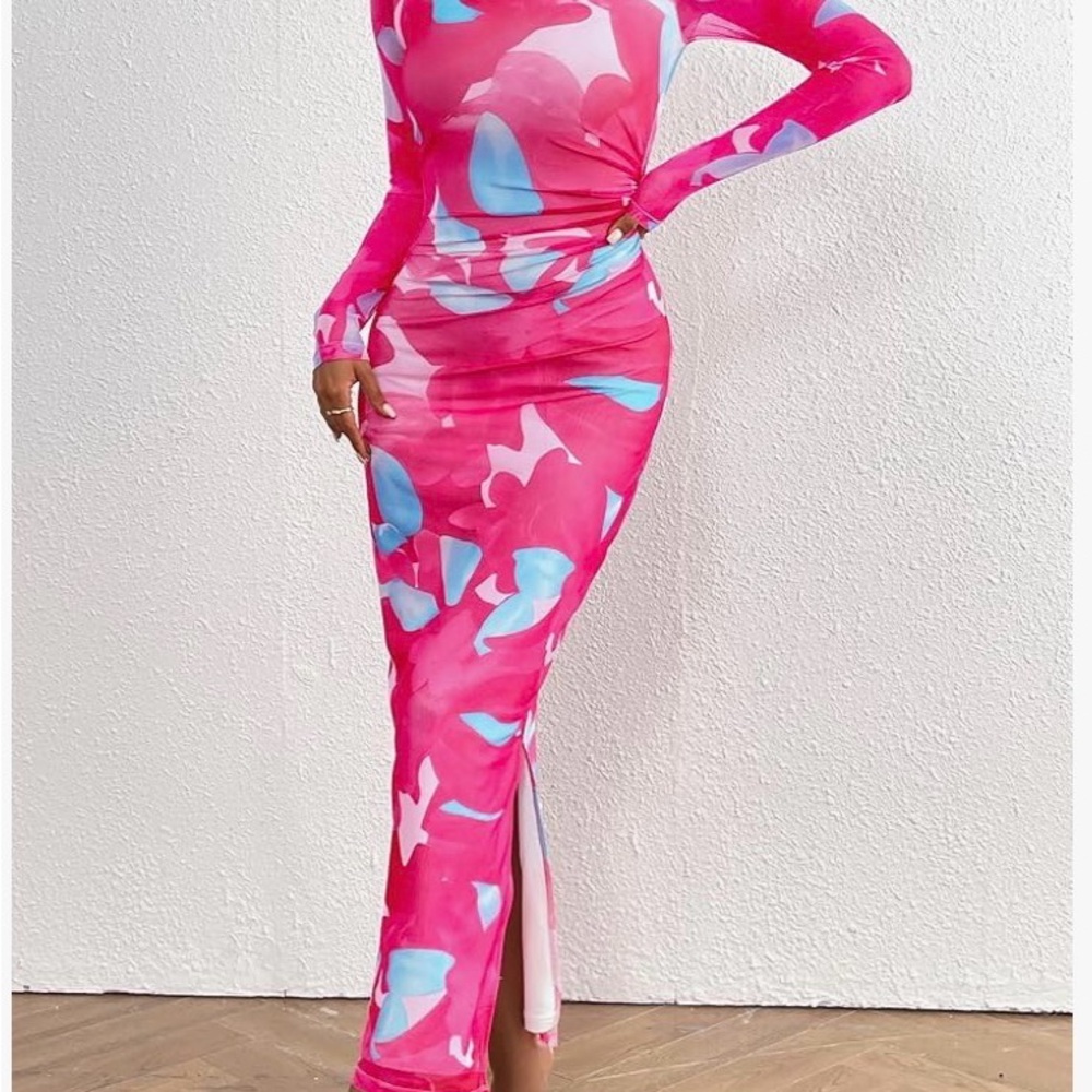 Pink & Blue Long Sleeve Bodycon Maxi Dress - Picture 9 of 9